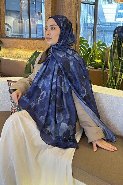 lamelif Batik Çiçek Desen Bambu Şal Gece Mavisi
