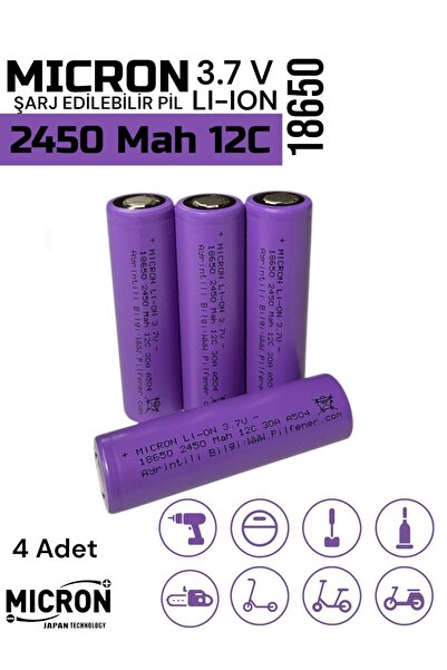 Micron 18650 3.7V (Volt) 2450 MaH 12C Lityum Şarj edilebilir 4 Adet Pil(Batarya) Pil Kutusu Hediyeli