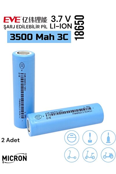 Micron EVE 18650 3.7V (Volt) 3500 MaH 35V Lityum Şarj edilebilir 2 Adet Pil(B...