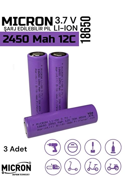 Micron 18650 3.7V (Volt) 2450 MaH 12C Lityum Şarj edilebilir 3 Adet Pil(Batar...