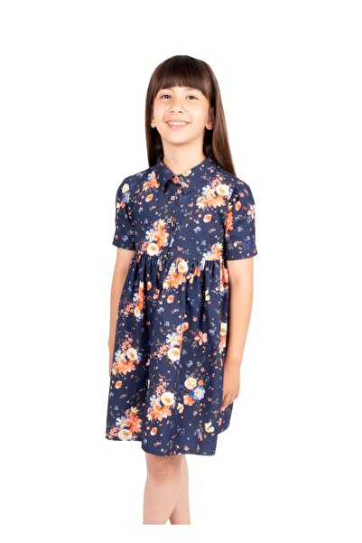 Ozmoz By Mukadder Özden 100% Cotton Floral Patterned Navy Blue Summer Girl's Dress