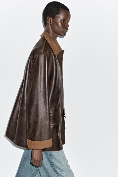 Massimo Dutti Fitilli kadife detaylı napa deri parka