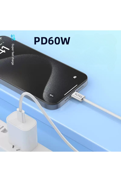 ALFAS Type-C Şarj Kablosu 2m PD 60W 3A 1Gbps Hızlı Şarj & Data Transfer Usb-c Iphone Android Örgülü Kablo