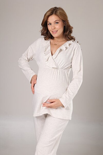 BLACKMORE Kadın Bej Melanj Fırfırlı Kruvaze Lohusa Hamile Sabahlık 3'lü Pijama Set
