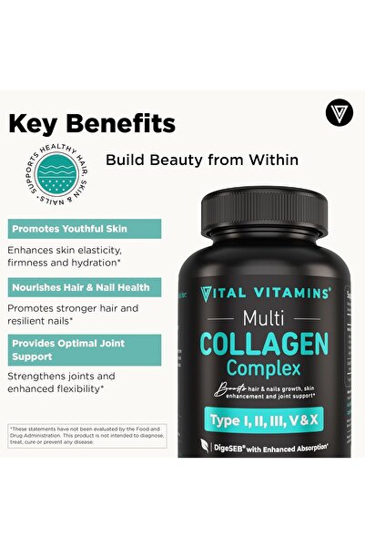 Vital Vitamins Grass Fed Enhanced Multi Collagen Pills (150 Capsules 3300mg)