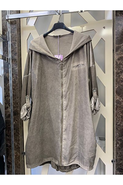 günay boutıque Pamuklu Kumaş Arkası Baskılı Kapüşonlu Ceket -koyu krem