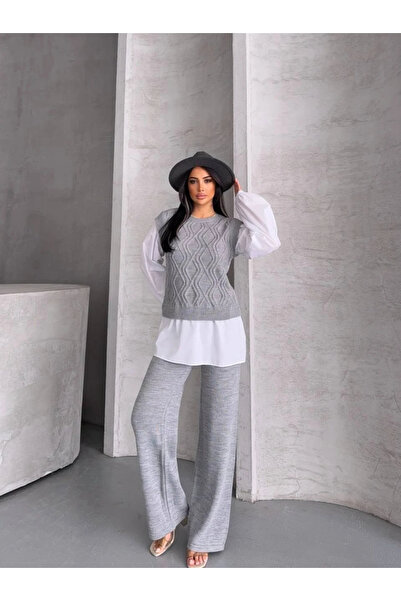 Buklemoda Shirt Detail Diamond Pattern Knitwear Set Gray