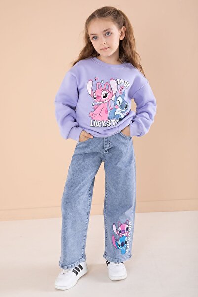 Cansın Mini Lila Love Karakter Baskılı Şardonlu Badili Kız Çocuk Pantolonlu 2li Takım 22746