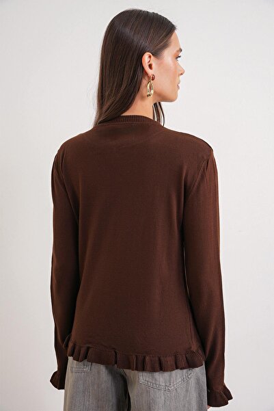 Mixray 6964 Women's Plain Ruffled Buttoned Cardigan Brown