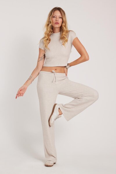 Tudors Women's Slim Fit Tight Fit Half Turtleneck Short Sleeve Beige Blouse