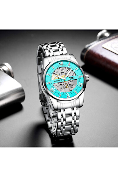 Tio Ceas mecanic automat analogic cu vânt automat, schelet, clasic din oțel, ace luminoase elegante, argintiu