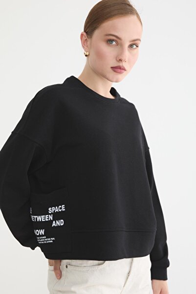 LEVURE Cep Detaylı Kadın Sweatshirt SİYAH