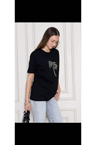 misskokoş Kadın palmiye desen taşlı salaş tişört