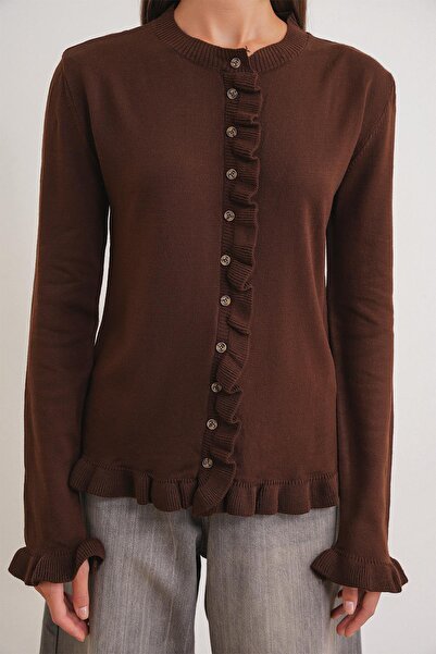 Mixray 6964 Women's Plain Ruffled Buttoned Cardigan Brown