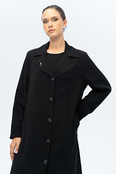 Olcay Coat Collar Brooch Detailed Lined Plus Size Overcoat Black 6691-A