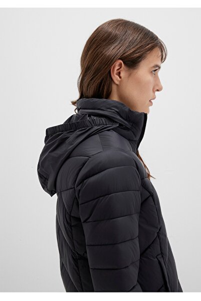 Mavi dik yaka slim fit gizli kapüşonlu şişme mont