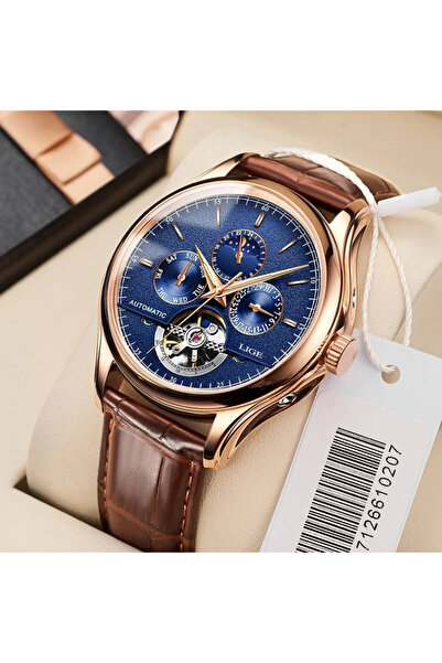 Lige Ανδρικό Ρολόι με Μηχανικό Αυτόματο Καφέ Δερμάτινο Λουράκι και Μηχανισμό Tourbillion 3 ATM