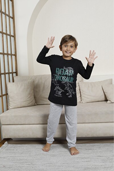LİLA İÇ GİYİM Erkek Çocuk Baskılı Detayı Uzun Kol Siyah Pijama Takımı