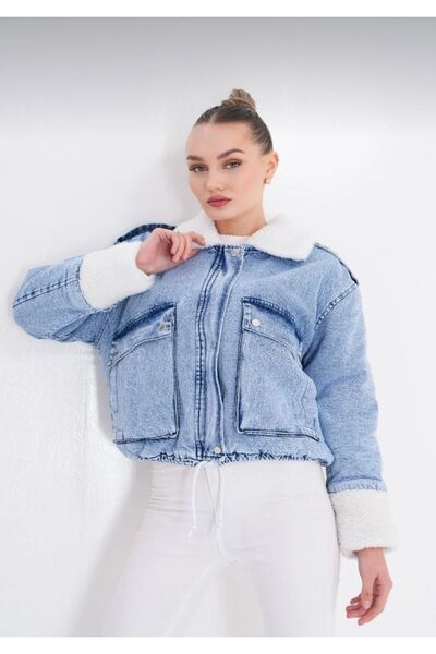 Paydey Fermuarlı Kürklü İp Detaylı Kot Mont