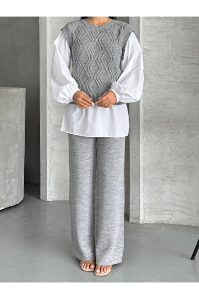 Buklemoda Shirt Detail Diamond Pattern Knitwear Set Gray