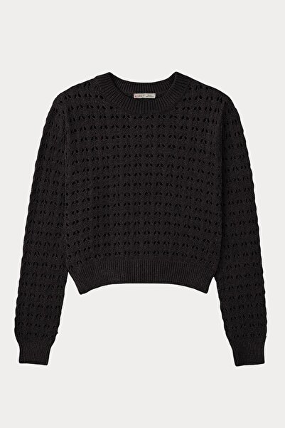 Mixray 6832 Kadın Ajurlu Crop Triko Kazak Siyah