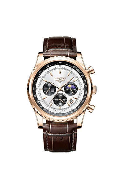 Lige Men's Watch Quartz Analog Brown Leather Strap Date Display Chronograph