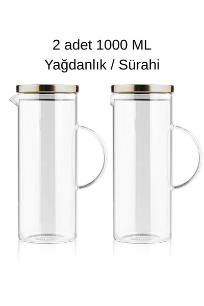 PudraLuna 2'li Metal Paslanmaz Çelik Kapaklı Borosilikat Cam 1000cc Sürahi / ...