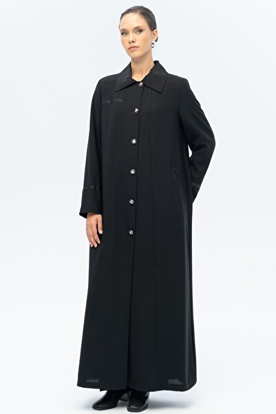 Olcay Shirt Collar Grosgrain Detailed Lined Plus Size Top Coat Black 6690-A