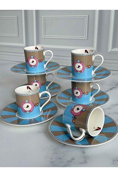 ROSSEV Türk Kahve Fincanı Bird Blue 6 Kişilik 12 Parça