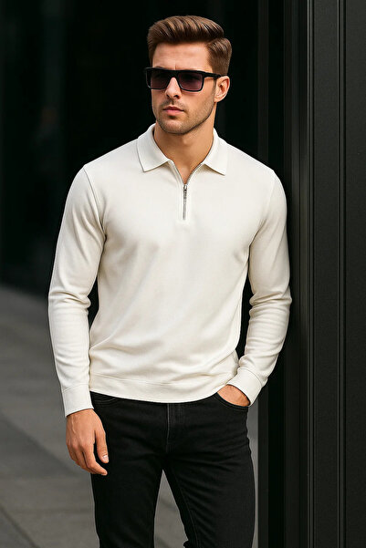 SILVANO Men's Half Zip Basic Winter White Sweatshirt