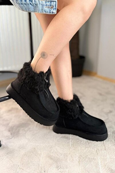 Preshley Women's Impera Black Suede Fur Zippered 4 cm Thick Sole Short Boots