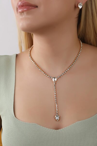 BİJUTERRİ Gold Rengi Su Yolu Taşlı Kolye Ve Küpe Set Özel Günler Düğün Nişan ...