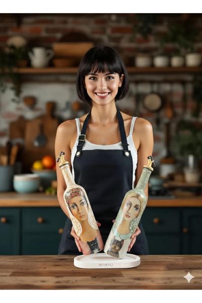 Mes Reves Handmade Cracked Patterned Glass Oil Pot Set – with Woman and Pet Portrait, Kitchen Design