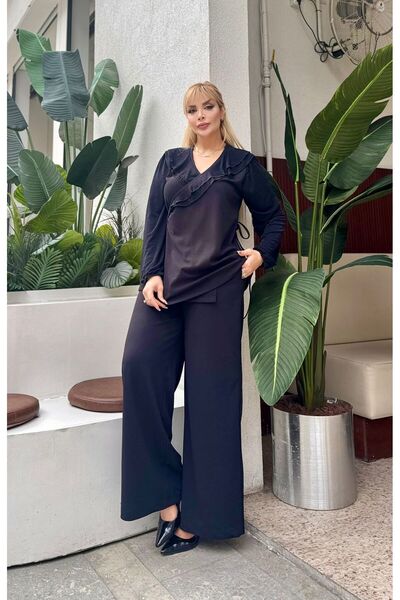 ViolettaXL Women's Plus Size Double Breasted Tie-Necklace Collar, Pocketed Loose-Leg Lycra Scuba Crepe Evening Dress Suit