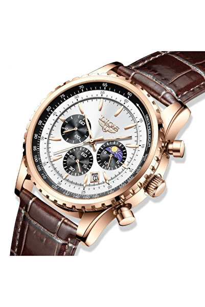 Lige Men's Watch Quartz Analog Brown Leather Strap Date Display Chronograph