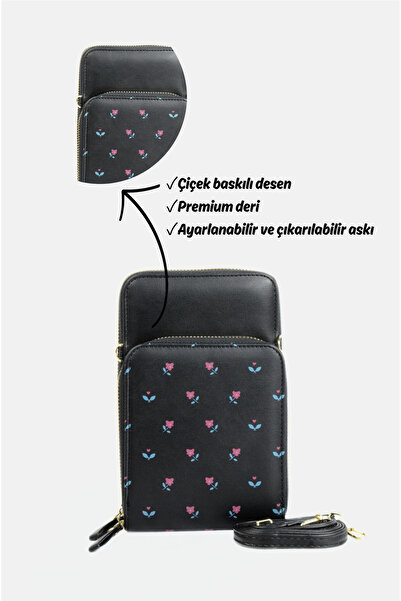 Mazel Design 001 Genuine Leather Floral Pattern Zippered Crossbody Imported Wallet Bag - Multi-Compartment Phone Compartment