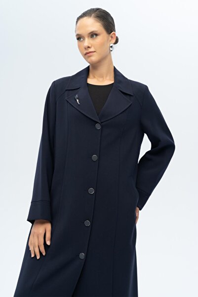 Olcay Coat with Collar Brooch Detail, Lined, Large Size Overcoat, Dark Blue 6691-A