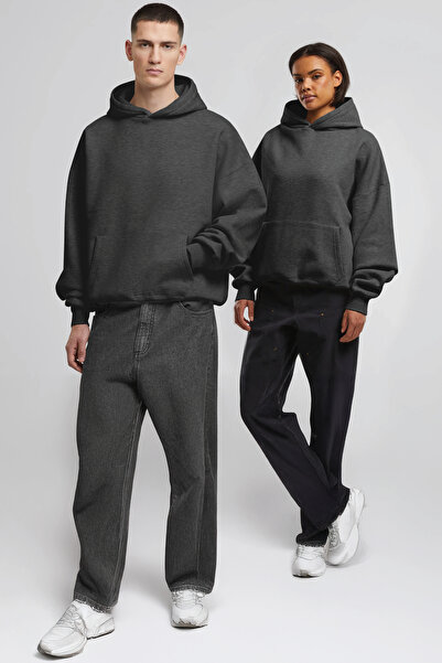 Unisex Şardonlu Kapüşonlu Kanguru Cepli Relaxed Fit Sweatshirt Füme Antrasit
