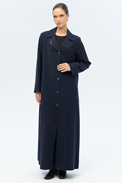 Olcay Coat with Collar Brooch Detail, Lined, Large Size Overcoat, Dark Blue 6691-A