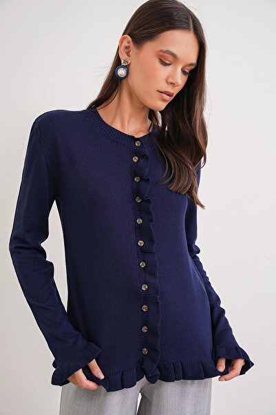 Mixray 6964 Жіночий кардиган з прямими воланами та ґудзиками, синій