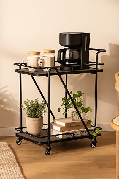 MARIA HOMES Modern Black Serving Trolley with 2Tier Shelves and Wheels Cart for Kitchen, Dining, or Living Room