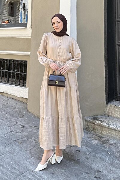 lamelif Φόρεμα με κορδόνι στη μέση, μονόχρωμο καφέ