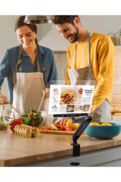 Coverzone Kitap & Tablet Standı Masa Kenarı Kelepçeli, 360° Döner, 87.5cm Ayarlı, Şeffaf Akrilik Panel | P87