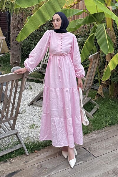 lamelif Waist Gathered Hijab Dress Pink