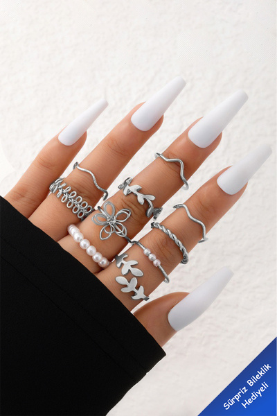 The Collection 10-Piece Combination Joint Silver Pearl Ring Set