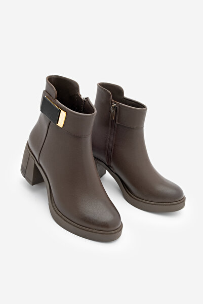 Marjin Women's Buckle Zippered Thick Heeled Boots Nuvos Brown