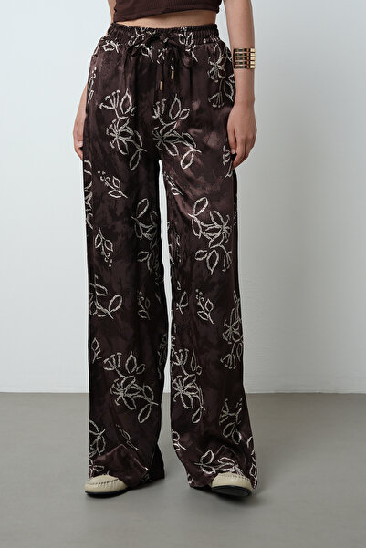 Orfeo Negro Women's Floral Patterned Brown Jacquard Wide Leg Patterned Trousers