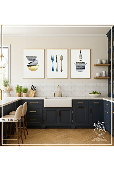 Tablomtr Mutfak Sanatı - Dijital Baskılı Gold Metal Çerçeveli Gerçek Camlı 3'...