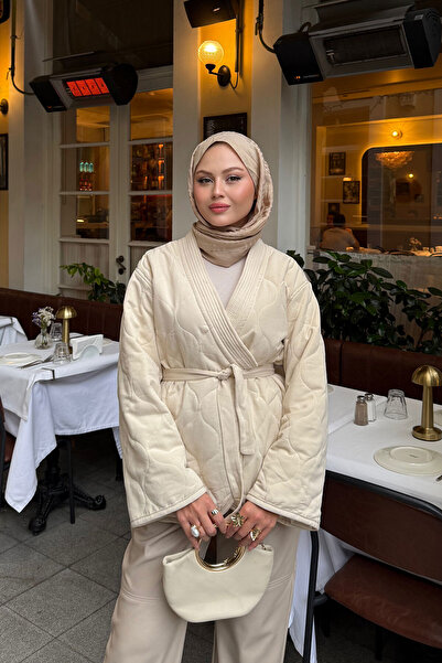 LOCCO Jachetă pentru femei cu model brodat, cu curea în talie, crem