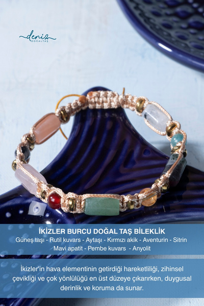 Deniz Doğal Taş Sertifikalı İkizler Burcu Doğal Taş Makrome Bileklik